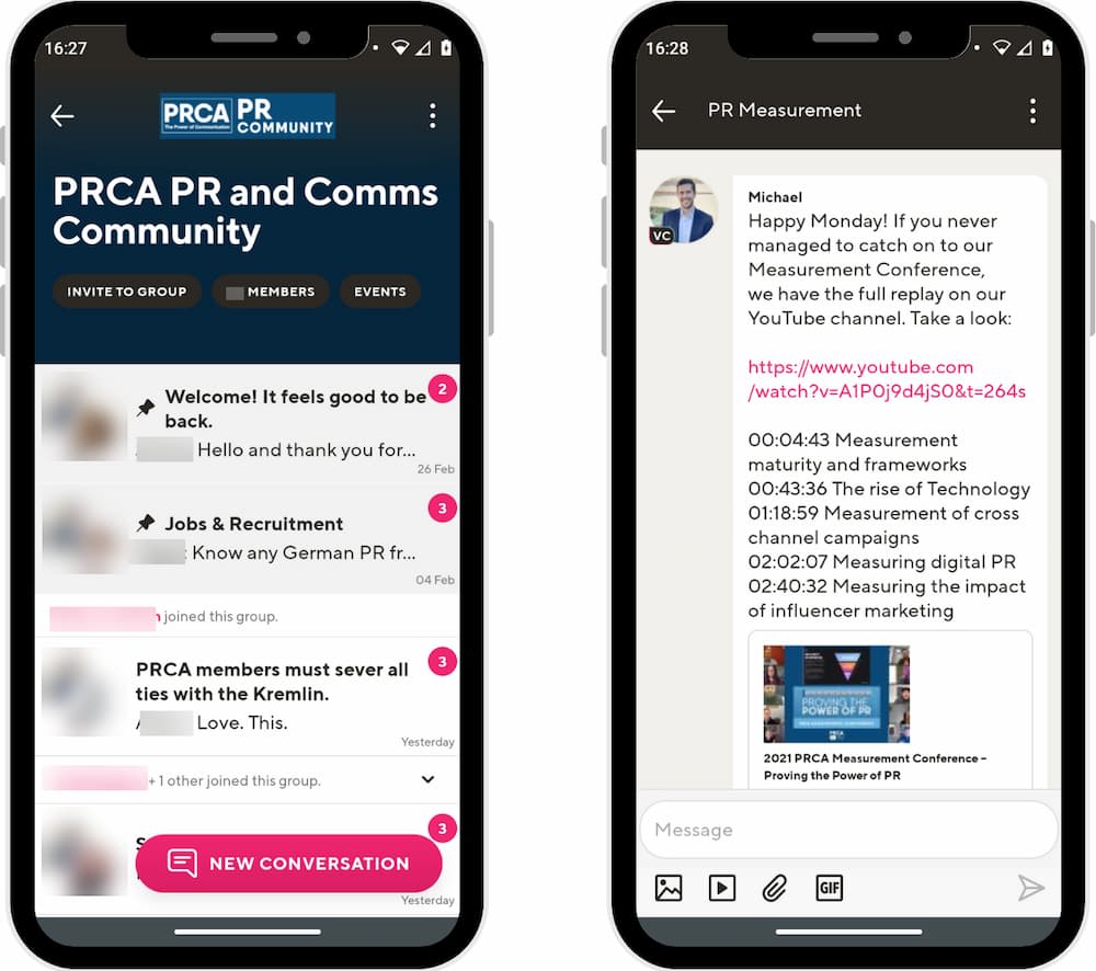 Two mobile phone screens showing the home page of the PRCA community on Guild, and an extract from a conversations