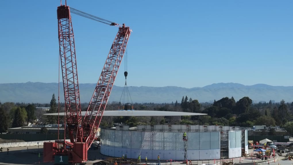 Exterior view of construction of the Steve Jobs Theater