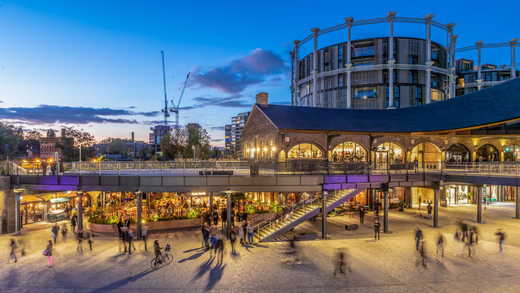 Wide angle view at dusk of the Coal Drops Yard in London