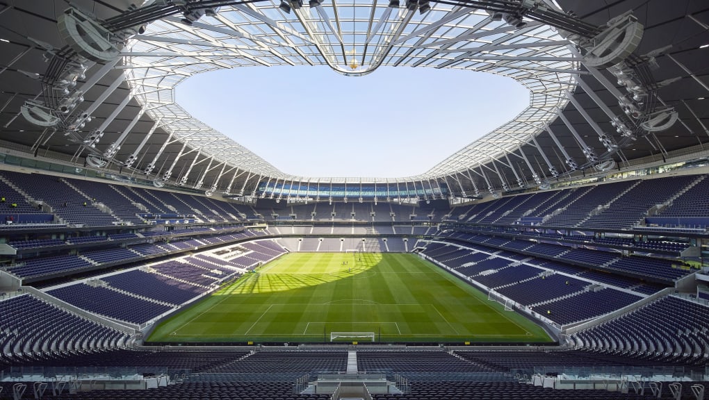 Interior wide angle view of the Tottenham Hotspur stadium