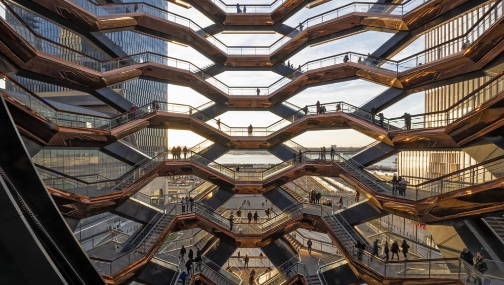 Interior view of a lattice structure looking outside at the Vessel