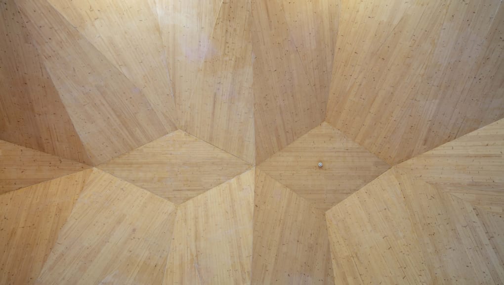 Interior view of wood panelling inside the Stroud Christian community chapel