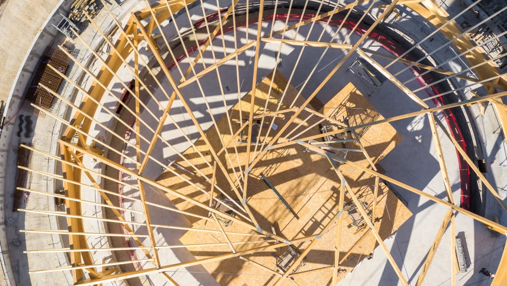 Aerial view of Le Dome being constructed