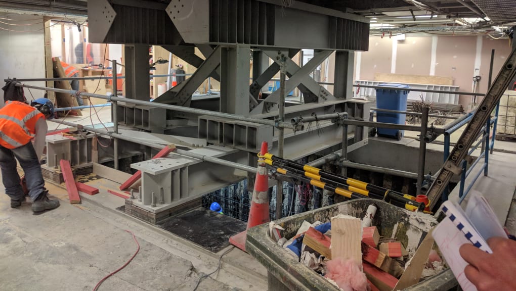 Interior view of construction at the Rankine Brown Library