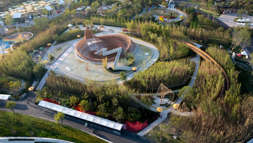 Aerial view of the Bamboo and Rattan Pavilion of the 10th China Flower Expo