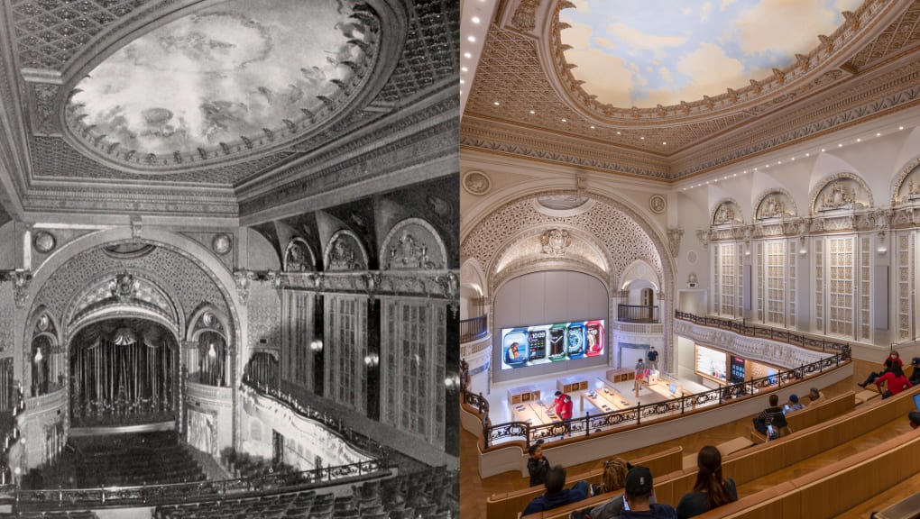 Interior comparison view of an old black and white view of the Tower Theatre and the modern update