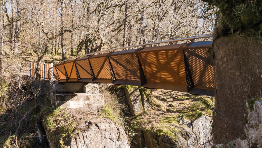 Side view of Bracklinn Falls Footbridge. Copyright Paul Saunders