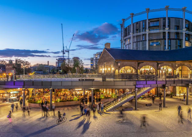 Wide angle view at dusk of the Coal Drops Yard in London