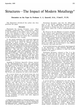 Structures-The Impact of Modern Metallurgy Discussion on the Paper by Professor A. G. Quarrell, D.Sc