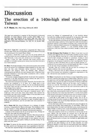 Discussion on the Erection of a 140-m High Steel Stack in Taiwan by A.P. Mann