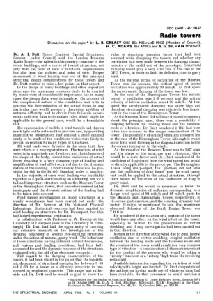 Radio Towers. Discussion on the paper by L. R. Creasy OBE BSc MIStructE MICE (Member of Council), H.