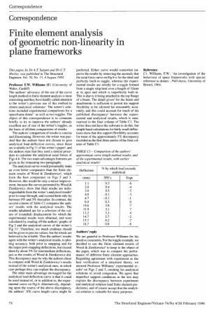 Correspondence on Finite Element Analysis of Geometric Non-Linearity in Plane Frameworks by Dr A.T. 