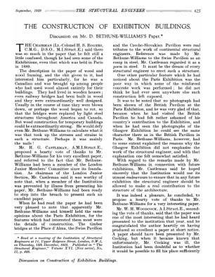 The Construction of Exhibition Buildings. Discussion on Mr. D. Bethune-Williams's Paper