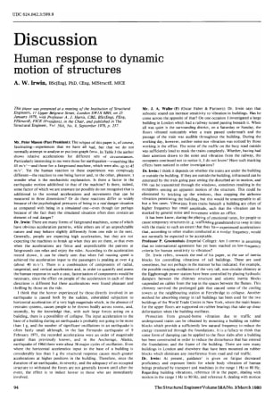 Discussion on Human Response to Dynamic Motion of Structures by A.W. Irwin