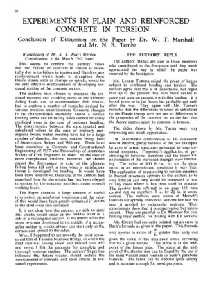 Experiments in Plain and Reinforced Concrete in Torsion Conclusion of Discussion on the Paper by Dr.