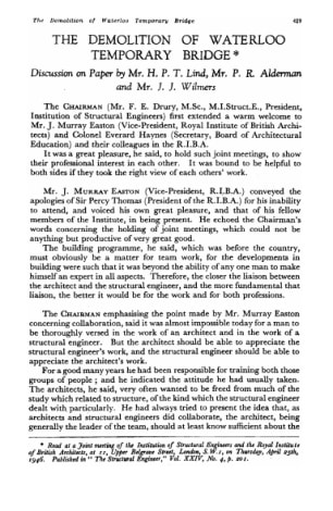 The Demolition of Waterloo Temporary Bridge. Discussion on Paper by Mr. H.P.T. Lind, Mr. P.R. Alderm