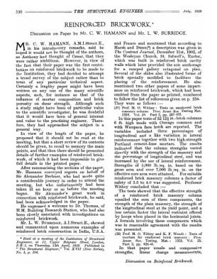 Reinforced Brickwork. Discussion on Paper by Mr. C. W. Hamann and Mr. L. W. Burridge