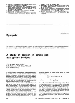 Synopsis A Study of Torsion in Single Cell Box Girder Bridges by A.R.M. Fam, R.G. Redwood and C.J. T