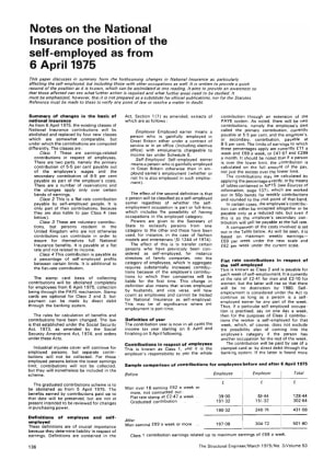 Notes on the National Insurance Position of the Self-employed as from the 6 April 1975