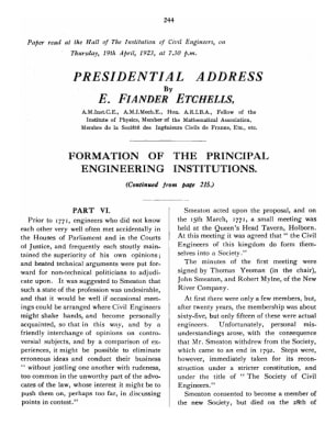 Presidential Address. Formation of the Principal Engineering Institutions Continued
