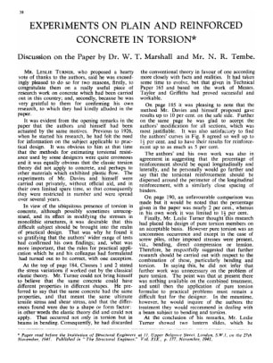 Experiments on Plain and Reinforced Concrete in Torsion. Discussion on the Paper by Dr. W. T. Marsha