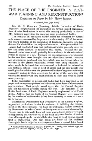 The Place of the Engineer in Post-War Planning and Reconstruction. Discussion  on Paper by Mr. Harry