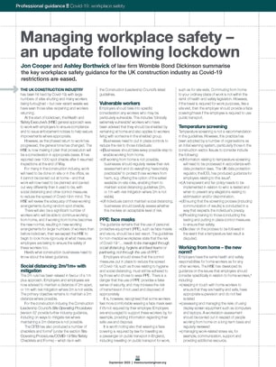 Managing workplace safety – an update following lockdown