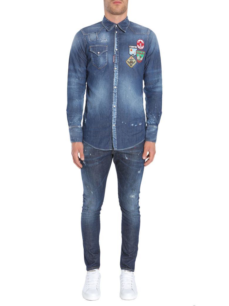 DSQUARED2 Destroyed Cotton Denim Shirt W/ Patches in Blue | ModeSens