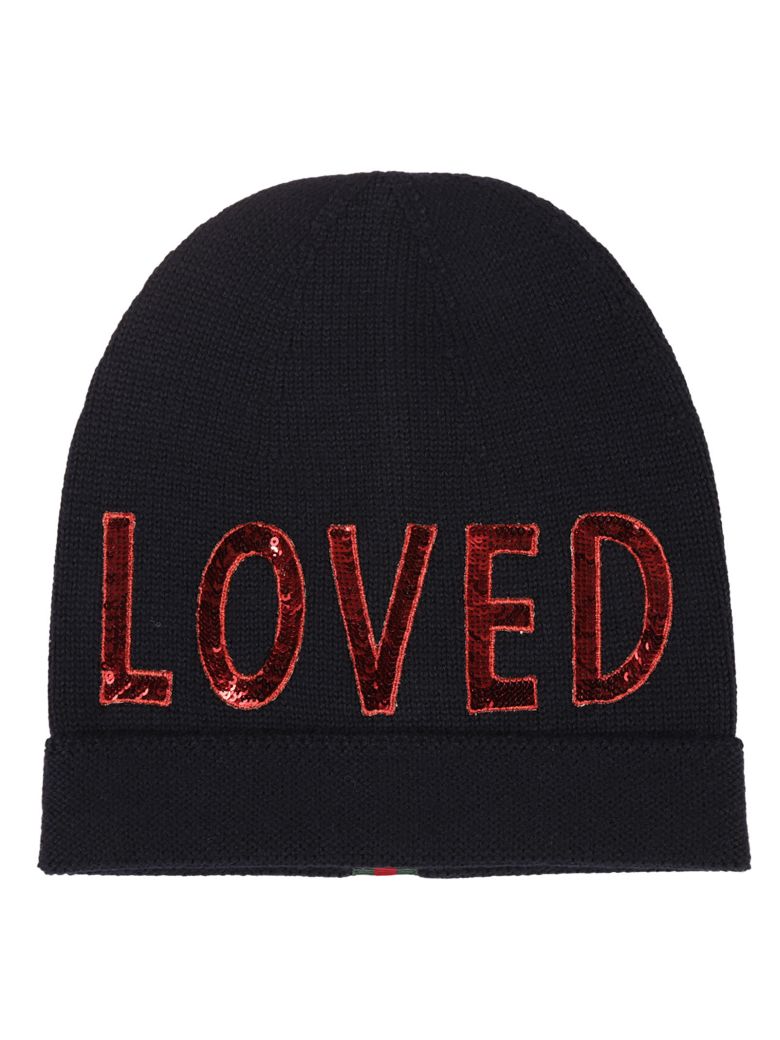 GUCCI Sequin Embroidered Loved Knit Hat in Navy | ModeSens