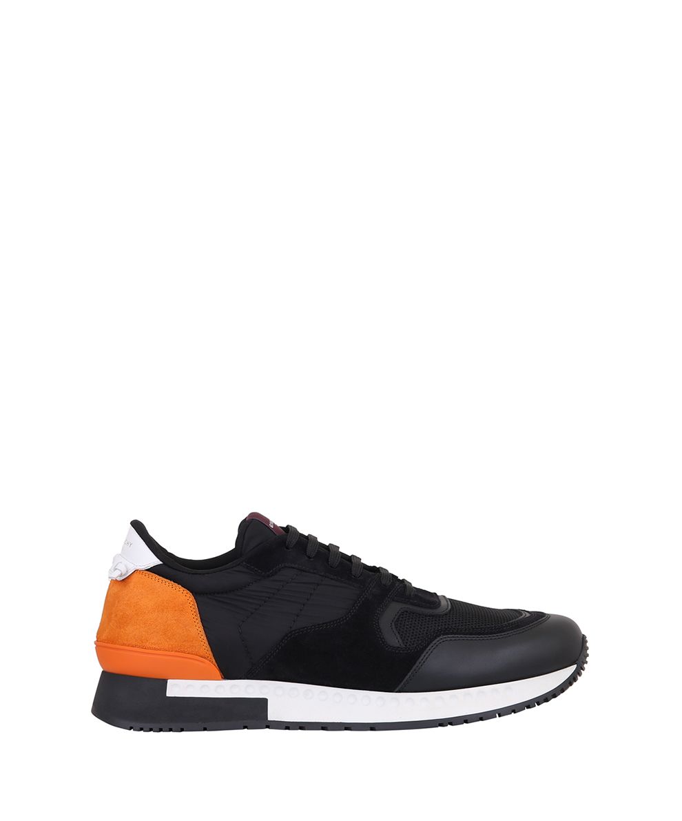 GIVENCHY ACTIVE RUNNER SUEDE-TRIMMED MESH SNEAKERS, BLACK & ORANGE ...