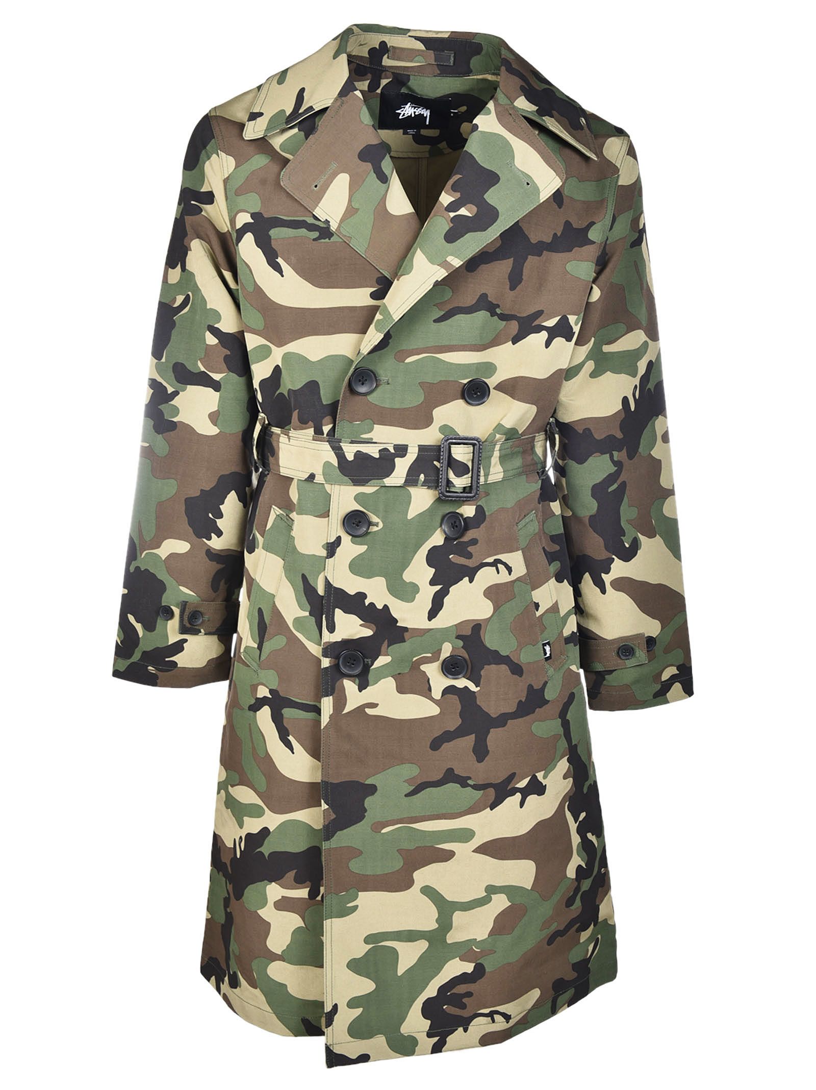 STUSSY DOUBLE BREASTED TRENCH COAT, CAMOUFLAGE | ModeSens