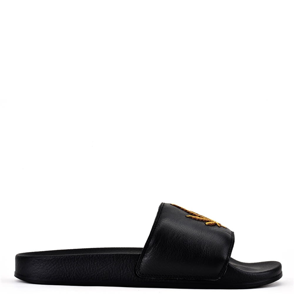 PALM ANGELS Weed-Embroidered Leather Pool Sliders in Black | ModeSens