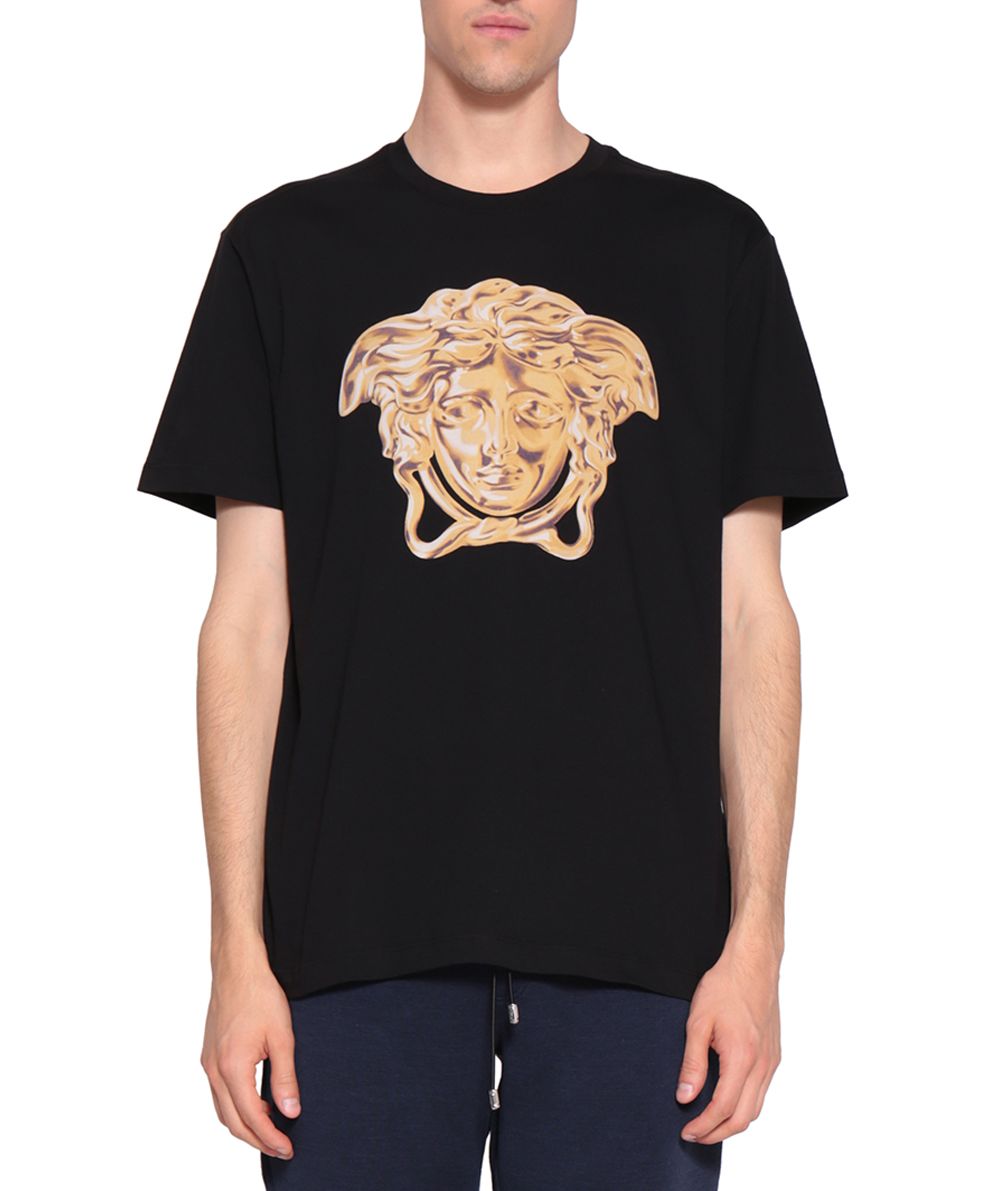 Versace Medusa Printed Cotton Jersey T-Shirt, Black/Gold | ModeSens
