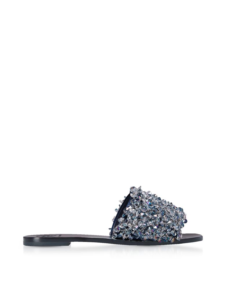TORY BURCH LOGAN PERFECT NAVY SATIN SLIDE SANDALS W/GRAY BLUE CRYSTALS,10591278