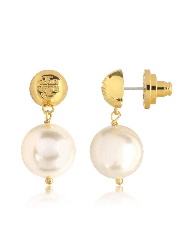 TORY BURCH IVORY CRYSTAL PEARL AND TORY GOLD BRASS DROP EARRINGS,10590855