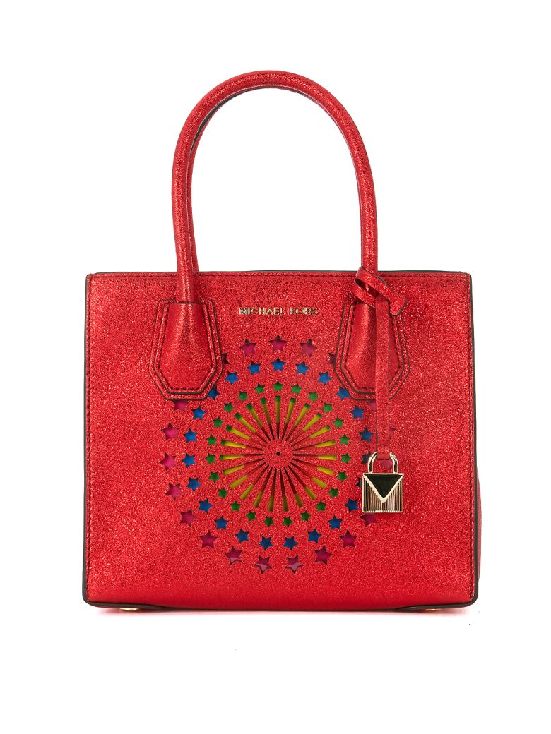 MICHAEL KORS MERCER MESSENGER METALLIZED RED LEATHER BAG WITH RAINBOW,10569948