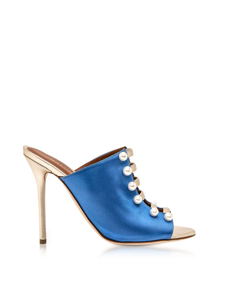 MALONE SOULIERS ZADA BLUE AND PLATINUM SATIN HIGH HEEL MULES,10592849