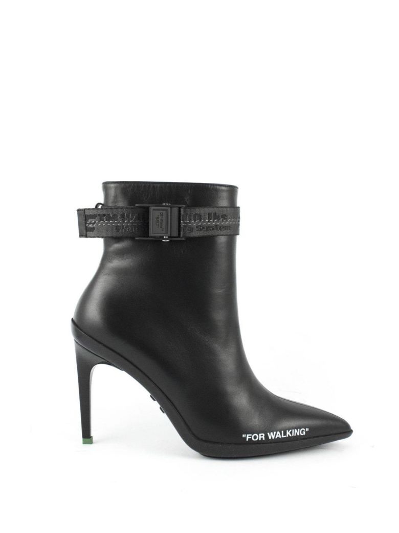 OFF-WHITE POINTED TOE BLACK CALFSKIN ANKLE BOOTS,10569547