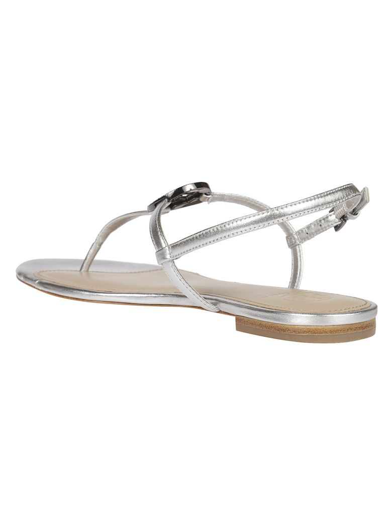 TORY BURCH Liana Metallic Leather Flat Sandal in Silver | ModeSens