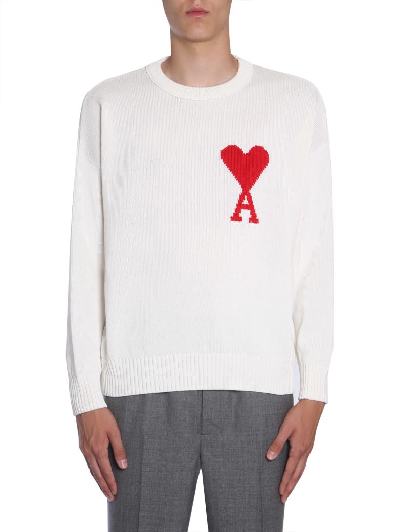 Ami Alexandre Mattiussi Ami Paris Ami Heart Design Wool Sweater In Intarsia Knit In White