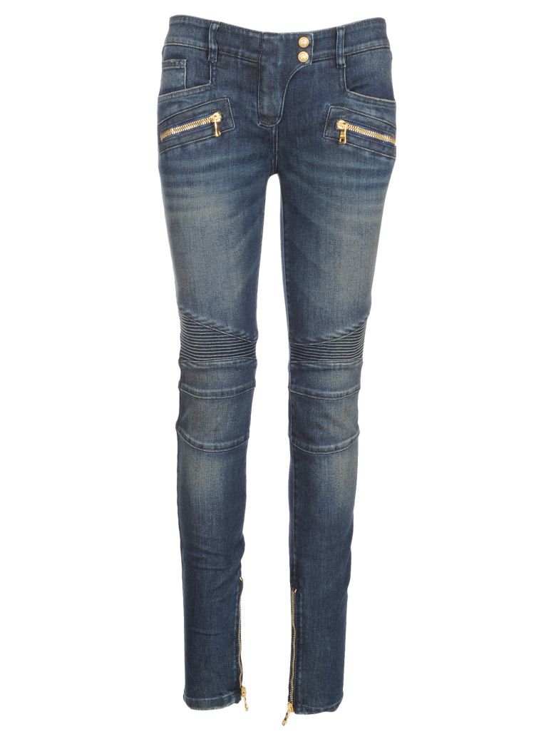 Balmain Stonewashed Denim Biker Jeans In Blue