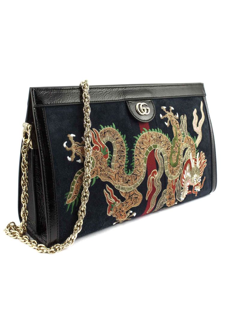 GUCCI OPHIDIA EMBROIDERED MEDIUM SHOULDER BAG IN BLUE SUEDE, MULTI | ModeSens