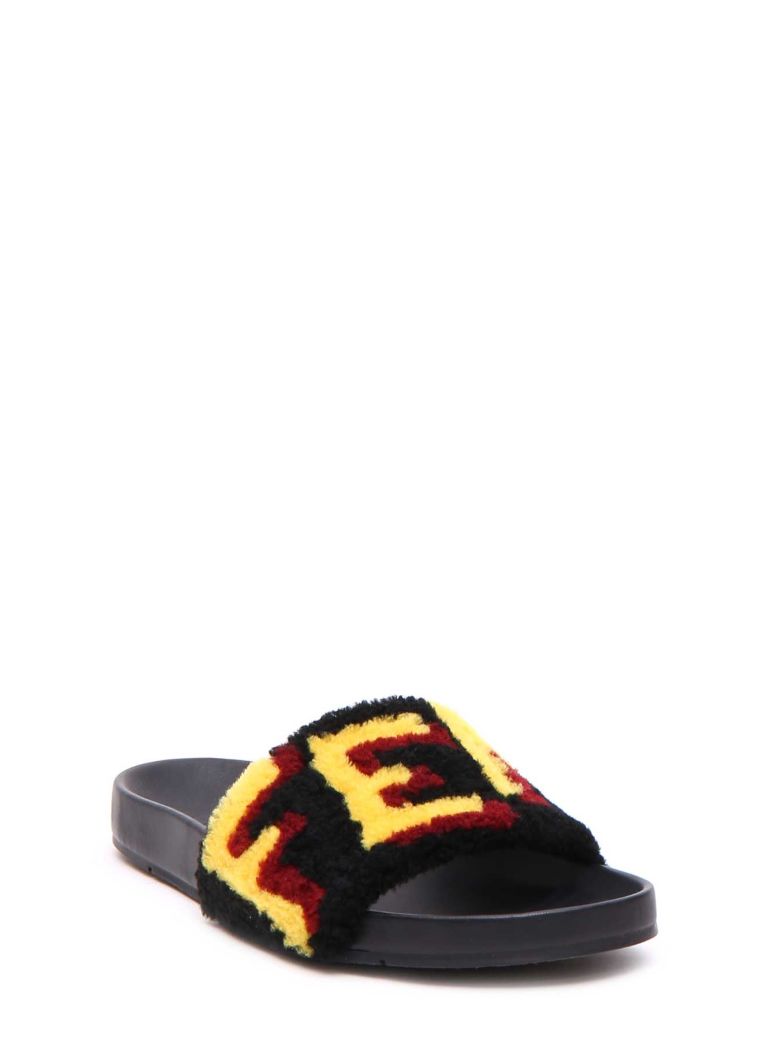 FENDI Logo Patchwork Shearling Slide Sandals, Black | ModeSens