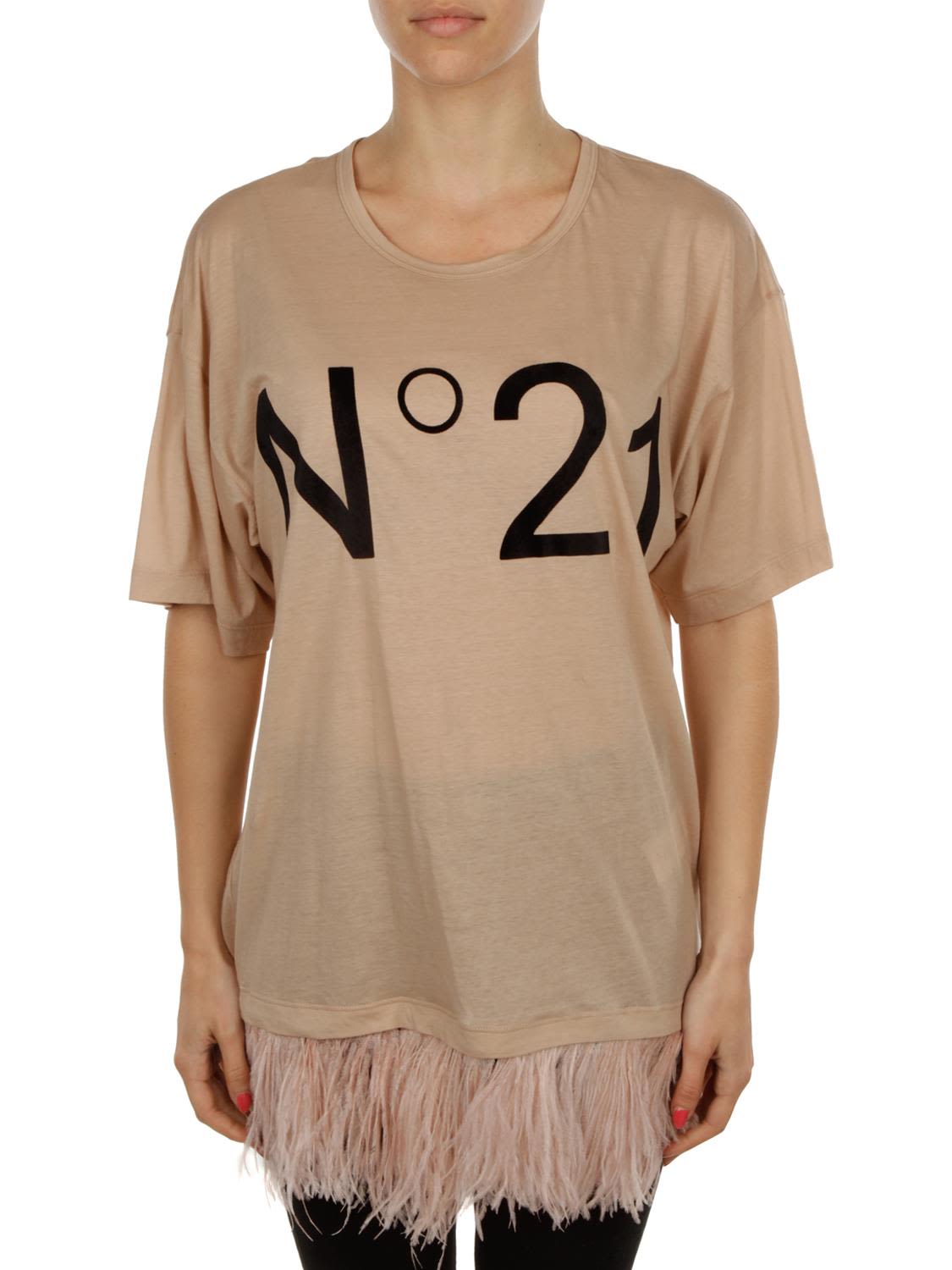 N°21 COTTON T-SHIRT WITH FEATHERS DETAIL,10606034