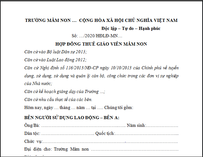 DOWNLOAD MIỄN PHÍ MẪU HỢP ĐỒNG THUÊ GIÁO VIÊN MẦM NON