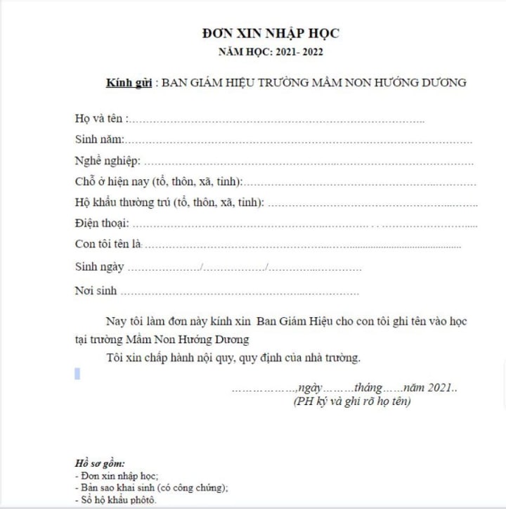 Download Đơn xin nhập học Mầm non năm 2021 - 2021