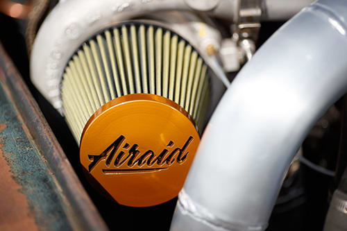 An Airaid performance air filter helps keep air flowing through this 1,200-hp 1949 Ford F1