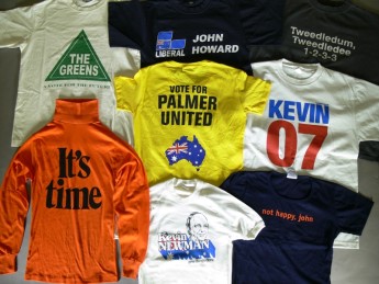 A group of political t-shirts from the Museum of Australian Democracy collection.