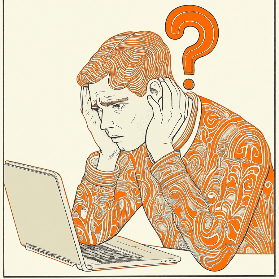 An illustration of a confused individual staring at their laptop with a question mark over their head