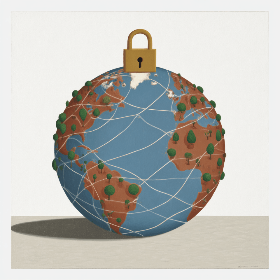 A world map with padlock in front of it with lines signifying interconnections of internet